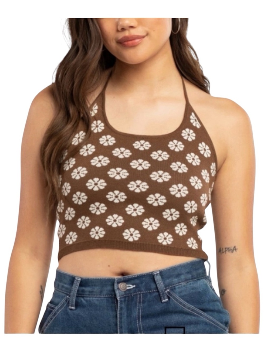 RSQ Daisy Knit Halter Crop Top Brown Floral Y2K Boho Size XL